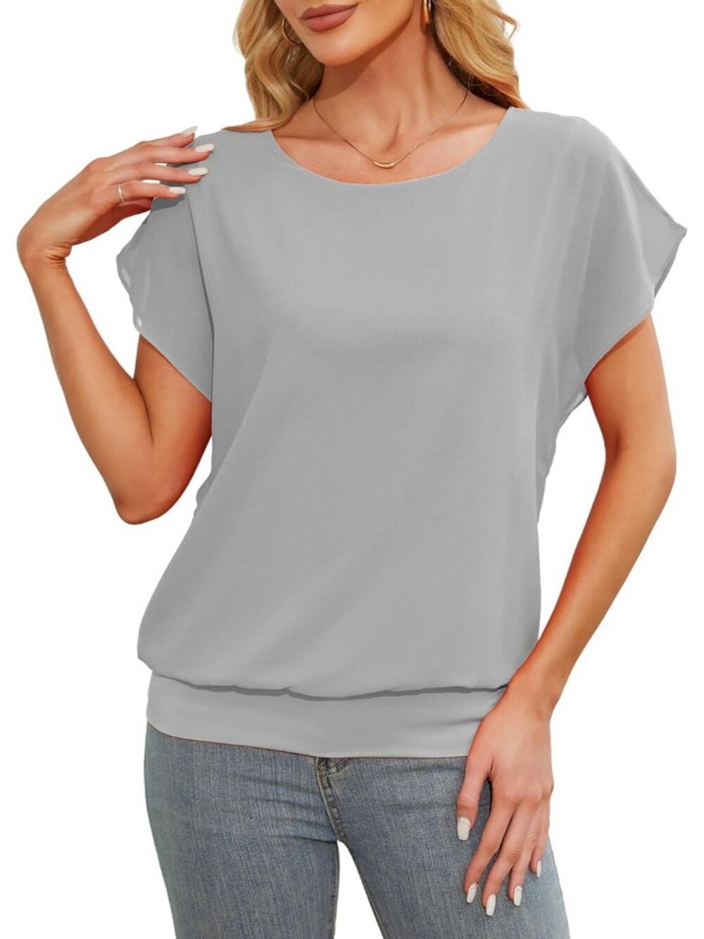 Women's Grey Comfortable Flutter Short Sleeves Chiffon Blouse Casual Dressy Top